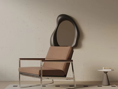 Brown Accent Chair With Transparent Metal Frame Black Irregular Mirror And Small Table With Books 3d model