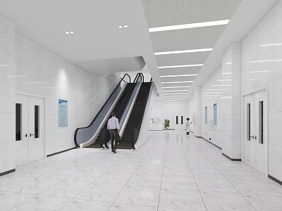 Hospital Outpatient Clinic Spacious Corridor With White Tiled Walls Escalator Bright Lighting And Clean Floor 3d model