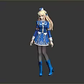 3D Model Woman In Blue Dress With Long Blonde Twin Ponytails And Blue Boots