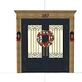 Navy Blue Double Doors With Wrought Iron Design Wreath Red Gold Ornaments And Wall Lanterns