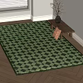 Square Green And White Checkered Rug On Wooden Floor With Small Table Vase And Cushion