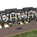 Modern Townhouses Exterior With Row Layout Lawn Parked Car And Cloudy Sky
