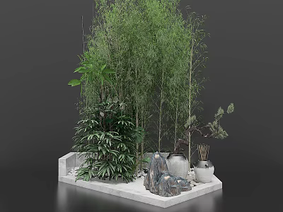 Serene Garden Landscape With Bamboo Green Plants And Decorative Jars On Marble Base 3d model