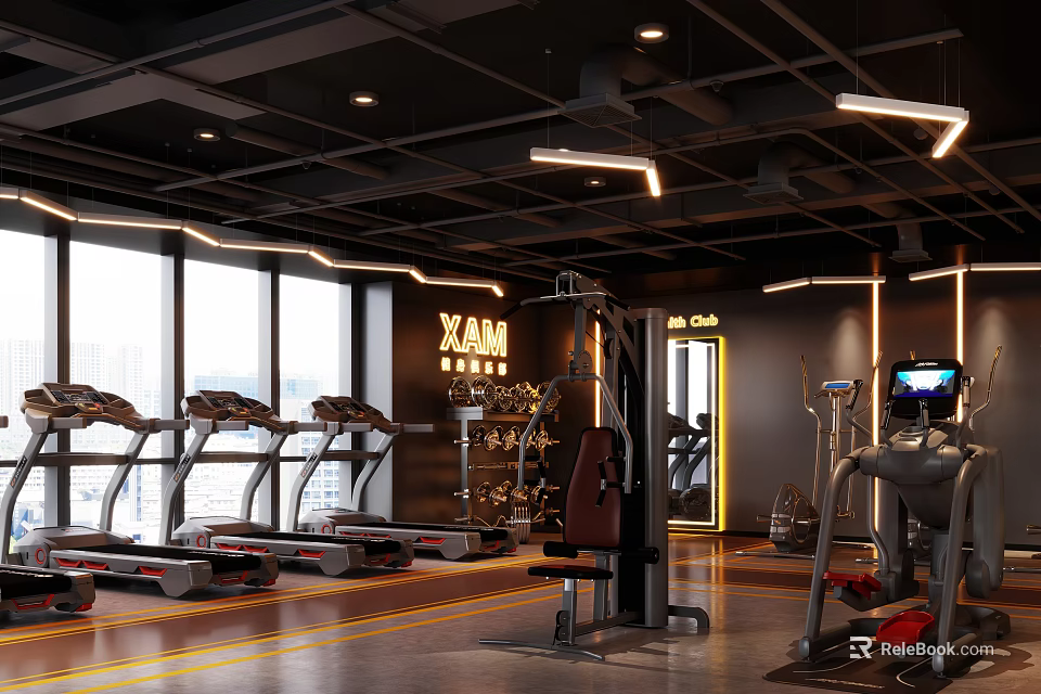 Modern Fitness Gym Interior Featuring Treadmills Workout Equipment Large Windows And Bright Lighting 3d model 