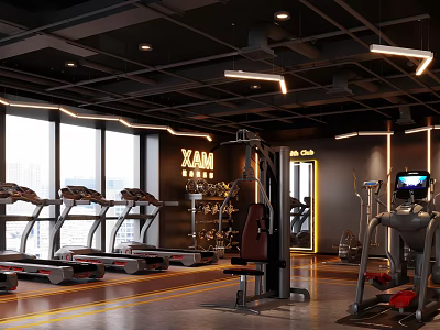 Modern Fitness Gym Interior Featuring Treadmills Workout Equipment Large Windows And Bright Lighting 3d model