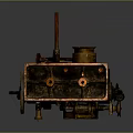 Vintage Mechanical Equipment with Metal Structure Wheels Gears Cylindrical Component and Red Chimney