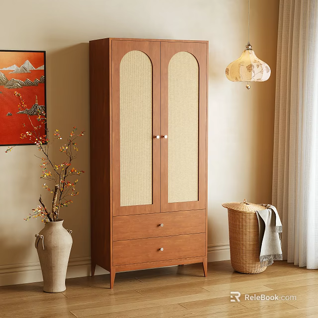 Wooden Double Door Wardrobe With Linen Panels And Drawers In Cozy Room 3d model 