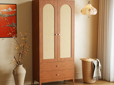Wooden Double Door Wardrobe With Linen Panels And Drawers In Cozy Room 3d model