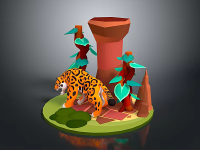 Leopard Standing on Green Grass Near Trees and Red Tower Structure 3d model