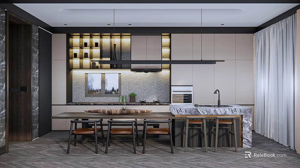Modern Restaurant Interior Design With Wooden Dining Table Pendant Lights And Decorative Wall 3d model 