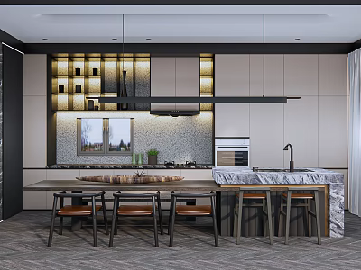 Modern Restaurant Interior Design With Wooden Dining Table Pendant Lights And Decorative Wall 3d model