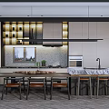 Modern Restaurant Interior Design With Wooden Dining Table Pendant Lights And Decorative Wall