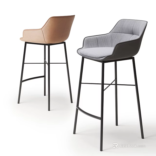 Two Modern Bar Stools With Brown And Gray Upholstery Curved Backrest Black Metal Legs 3d model 