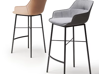 Two Modern Bar Stools With Brown And Gray Upholstery Curved Backrest Black Metal Legs 3d model