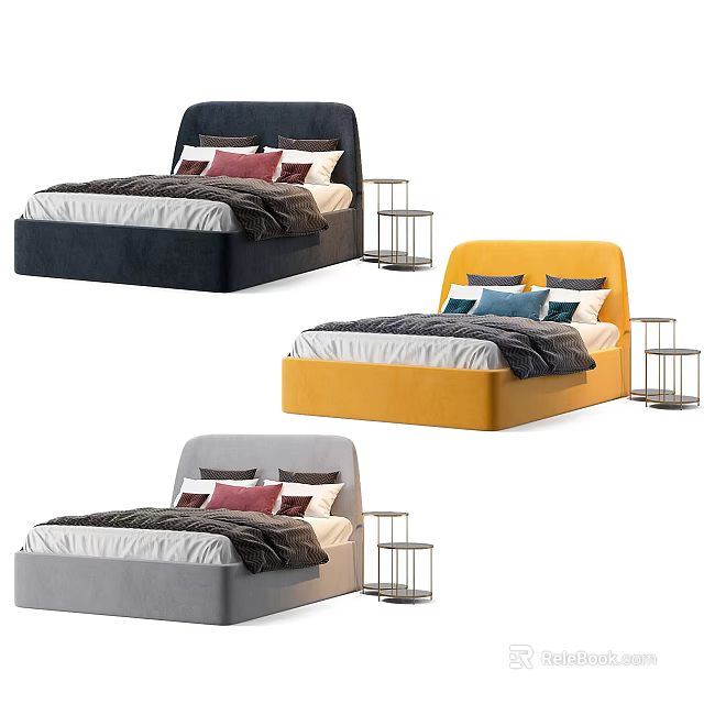 Double Bed in Blue Yellow Grey Tones with Bedside Tables and Plush Pillows Bedding 3d model