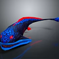 3D Rendered Fantasy Fish With Dark Blue Body Red Accents Blue Spots And Long Tail