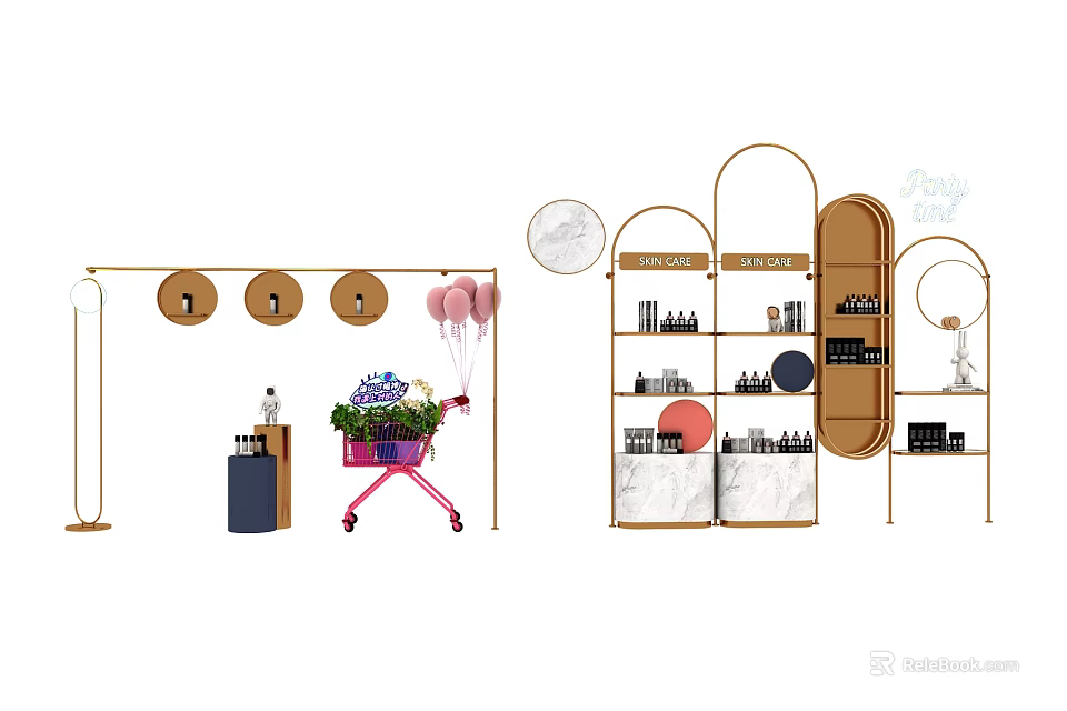 Golden Frame Display Shelves With Multi Tiered Design Cosmetics Decor And Shopping Cart 3d model 