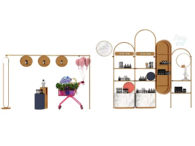 Golden Frame Display Shelves With Multi Tiered Design Cosmetics Decor And Shopping Cart 3d model