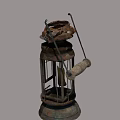 Rustic Metal Sculpture Carving of Vintage Kerosene Lamp with Glass Cover