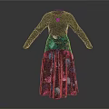 Women's Stylish Outfit Featuring Gray Long Sleeve Top And Multicolored Floral Print Skirt With Necklace