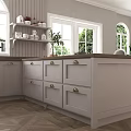 Open Modern Restaurant Kitchen With White Cabinets Island Bar Stools And Wooden Flooring