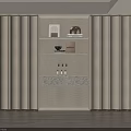Modern Elegant Built-in Beige Bookcase With LED Lighting Decorative Items And Marble Countertop