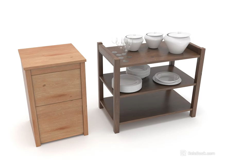 Wooden Cabinet And Multi Tiered Shelving Unit With Ceramic Bowls Plates Glassware 3d model 