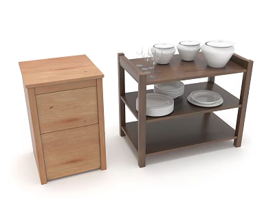 Wooden Cabinet And Multi Tiered Shelving Unit With Ceramic Bowls Plates Glassware 3d model