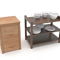 Wooden Cabinet And Multi Tiered Shelving Unit With Ceramic Bowls Plates Glassware