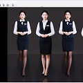Women in Professional Uniform Standing with Clasped Hands White Shirts Dark Vests Skirts