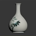 Artistic White Ceramic Vase With Green Floral Carvings Sleek Neck And Rounded Body Sculpture