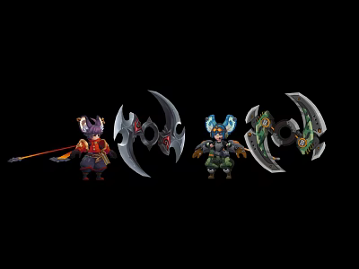 Fantasy Characters And Mythical Creatures With Curved Blades And Spear Weapons 3d model