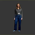 Woman Standing Against Gray Background Wearing Gray Long Sleeve Top Blue Jeans And Blue Shoes