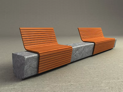 Modern Outdoor Landscape Seats With Wooden Slats And Gray Stone Bases 3d model