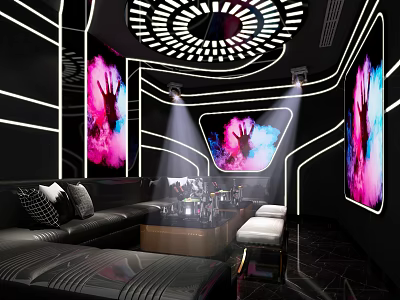 Stylish Modern KTV Interior With Dynamic Lighting Comfortable Sofa And Artistic Murals 3d model