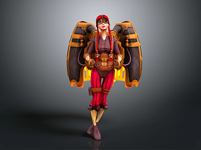 Steampunk Female Character with Red Hair Goggles and Mechanical Wings in Red and Yellow Outfit 3d model