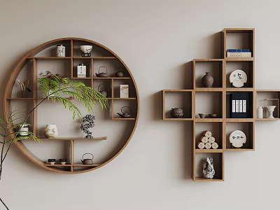 Wooden Round and Cross Wall Shelving Units with Decorative Vases Sculptures Books and Green Plant 3d model