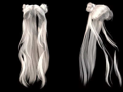 White Long Hair Hairstyle With Double Ponytail And Side Bun Back View Design 3d model