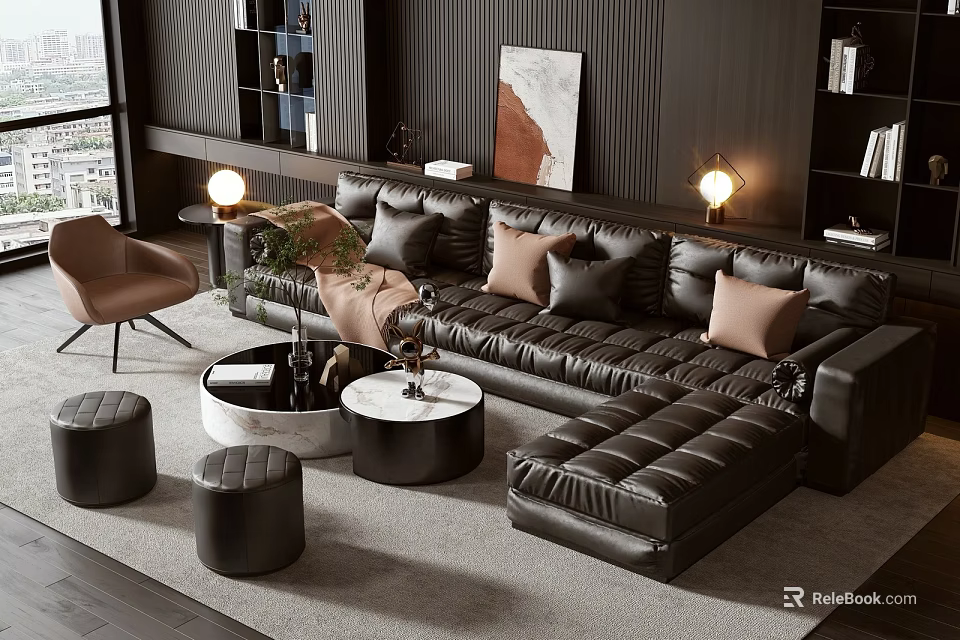 Modern Black Leather Sofa with Cushions Ottoman Round Coffee Table and Stools in Living Room 3d model 