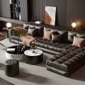 Modern Black Leather Sofa with Cushions Ottoman Round Coffee Table and Stools in Living Room