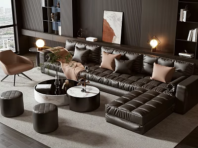 Modern Black Leather Sofa with Cushions Ottoman Round Coffee Table and Stools in Living Room 3d model