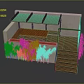 Outdoor Lounge Design Featuring Wooden Deck White Walls Black Canopy Green Plants And Staircase