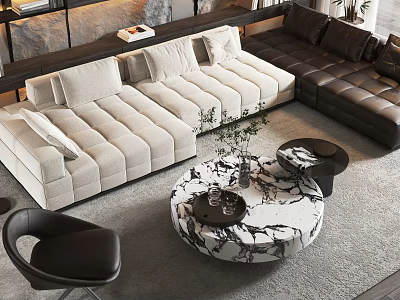 Modern Beige Fabric Black Leather Sectional Sofa Round Marble Coffee Table Set 3d model