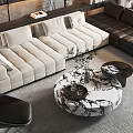 Modern Beige Fabric Black Leather Sectional Sofa Round Marble Coffee Table Set