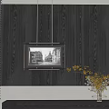 Framed Artwork On Black Wall With Window Blinds And Dried Branches 3d model