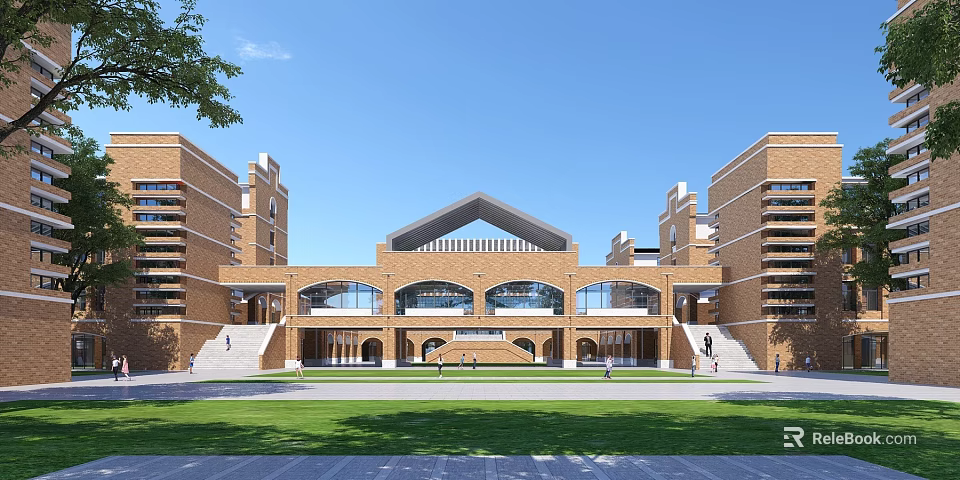 Red Brick School Building With Arched Windows Front Lawn And Symmetrical Towers Grand Facade Design 3d model 
