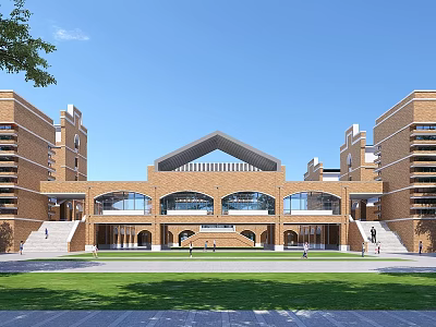 Red Brick School Building With Arched Windows Front Lawn And Symmetrical Towers Grand Facade Design 3d model
