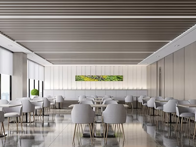 Modern Dining Space Featuring Light Gray Chairs Round Tables And Wall Art 3d model