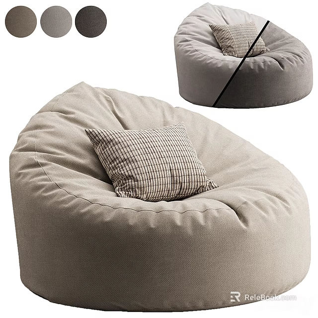 Beige Fabric Bean Bag Chair With Cozy Plaid Pillow For Comfortable Living Room 3d model 