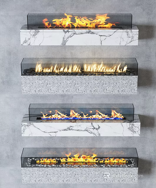 Modern Fireplace Interior Design With Marble Panels And Glass Enclosed Flames 3d model 